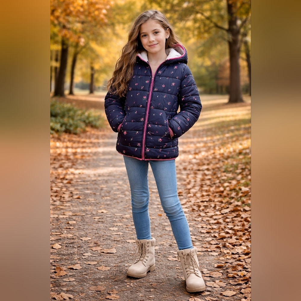GAP Kids XL Floral Puffer Jacket Hooded Sherpa Lined Winter Coat Cottagecore